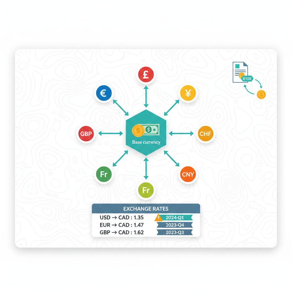 Illustration de la leçon 2.2 — Currencies & Exchange Rates : devise de base, taux de change, conversion en achats