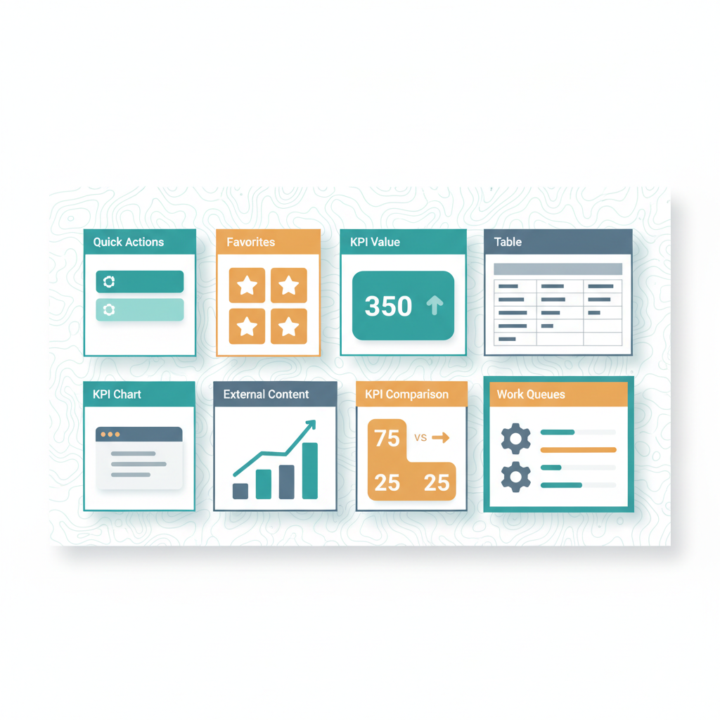Illustration de la leçon 3.12 — Operational Dashboards : 8 card types et Work Queue Manager
