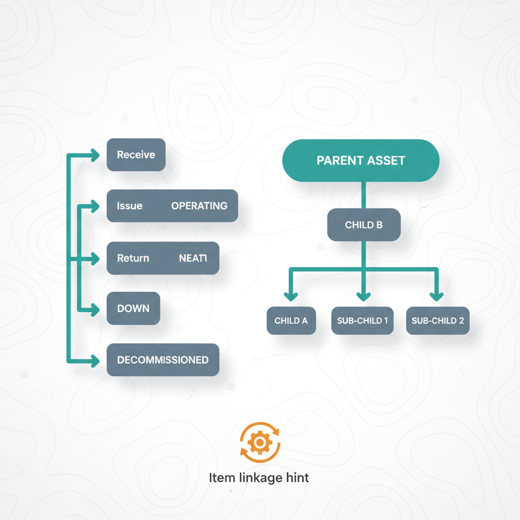 Illustration de la leçon 4.1 — Asset lifecycle : Receive → Issue → Return → Downtime → Decommission