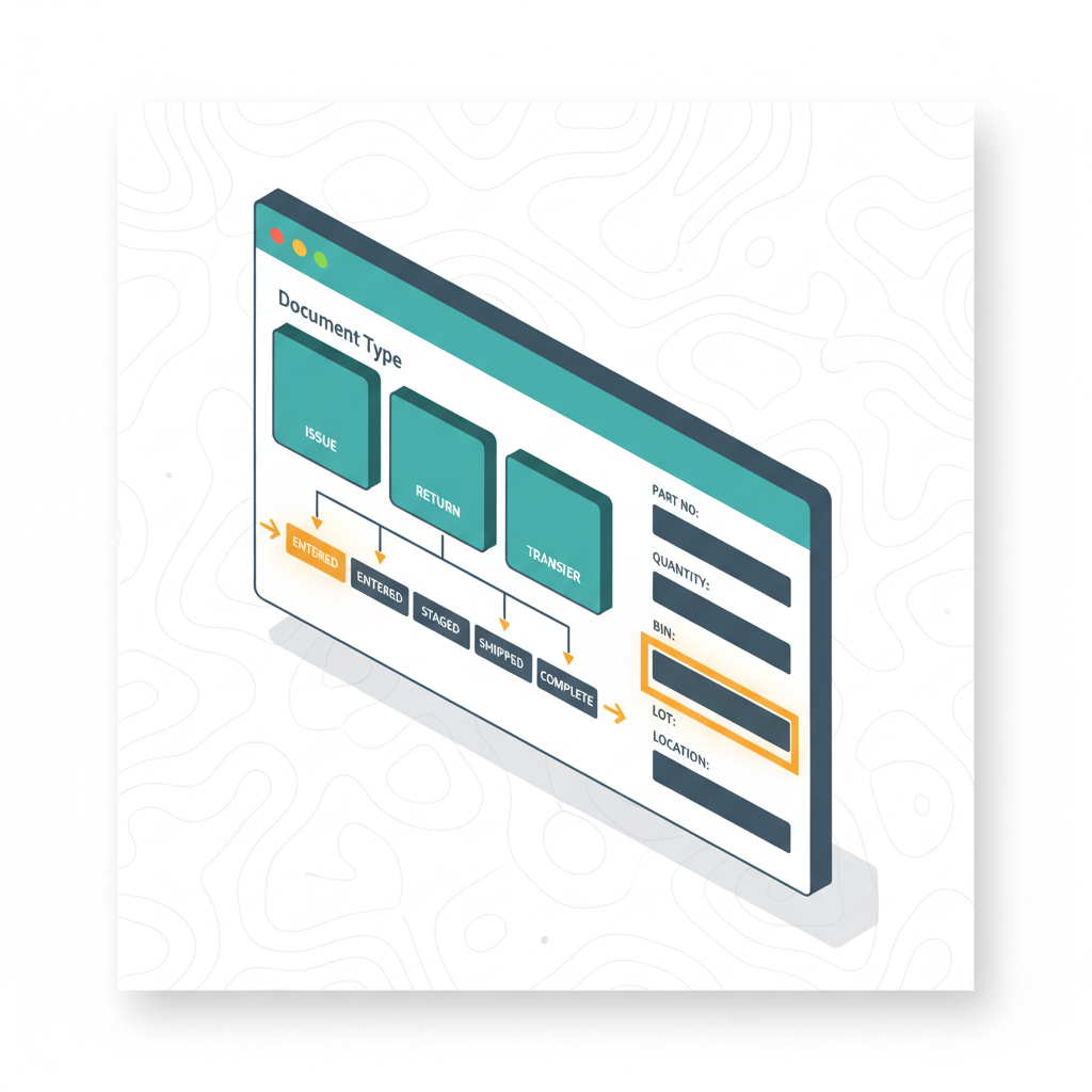 Illustration de la leçon 4.6 — Inventory Usage app : 4 Document Types + status workflow