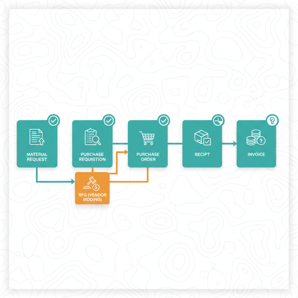 Illustration de la leçon 5.2 — Procurement flow : MR → PR → PO → Receipt → Invoice
