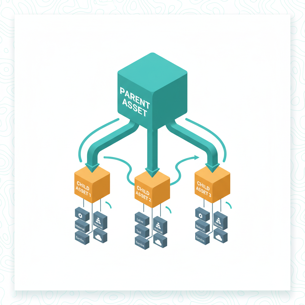 Illustration de la leçon 6.6 — Maintenance Cost Rollup : 4 categories (Labor/Material/Tool/Service) → asset hierarchy