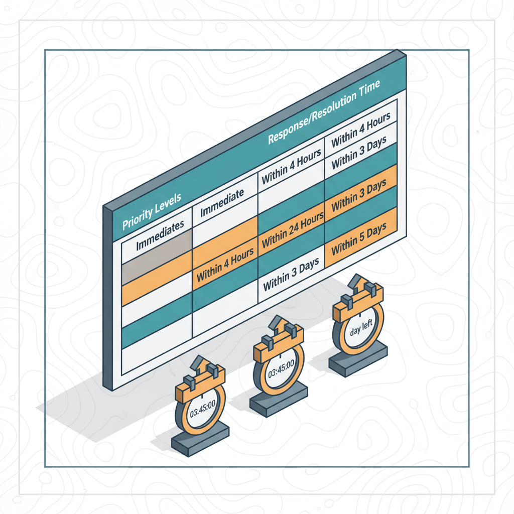 Illustration de la leçon 8.2 — SLA : commitment matrix + response/resolution timers + escalation