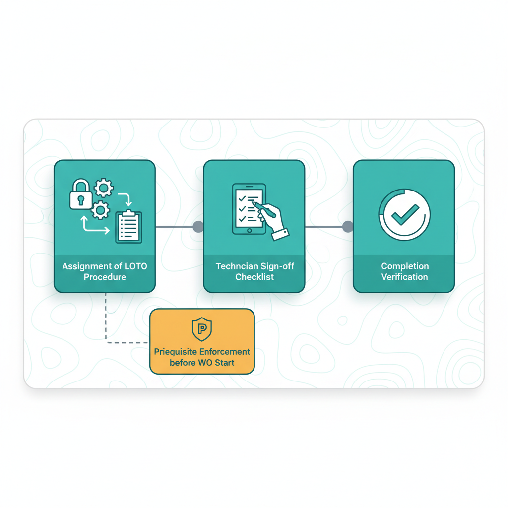 Illustration de la leçon 9.2 — Apply Safety Plans : LOTO procedure on WO + assignment + sign-off